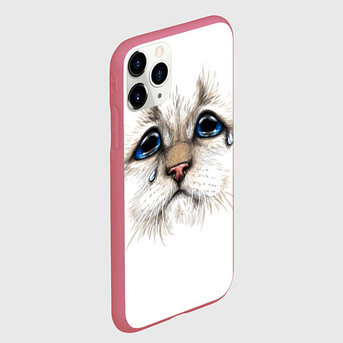 Чехол iPhone 11 Pro матовый Белый плачущий кот / 3D-Малиновый – фото 2