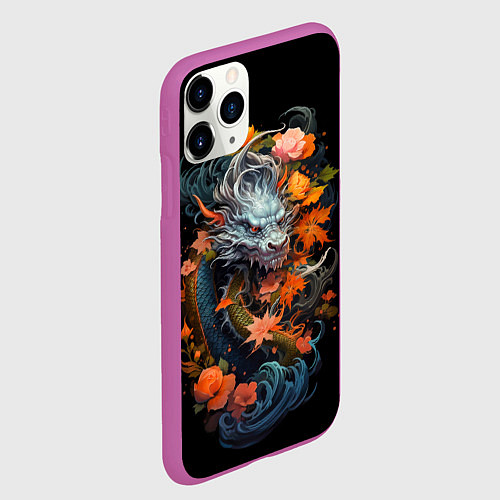Чехол iPhone 11 Pro матовый Китайский дракон с цветами и волнами / 3D-Фиолетовый – фото 2