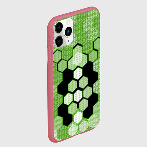 Чехол iPhone 11 Pro матовый Зелёная кибер броня hexagons / 3D-Малиновый – фото 2