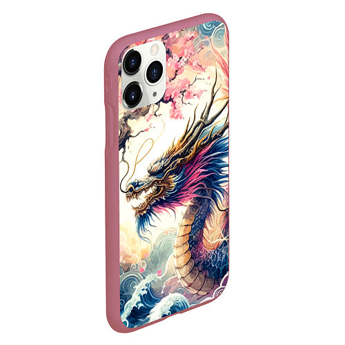 Чехол iPhone 11 Pro матовый Japanese dragon and sakura - engraving / 3D-Малиновый – фото 2