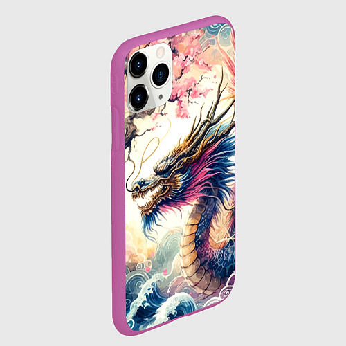 Чехол iPhone 11 Pro матовый Japanese dragon and sakura - engraving / 3D-Фиолетовый – фото 2