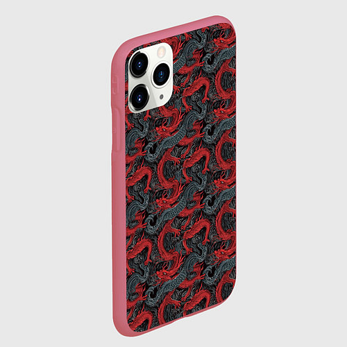 Чехол iPhone 11 Pro матовый Красные драконы на сером фоне / 3D-Малиновый – фото 2