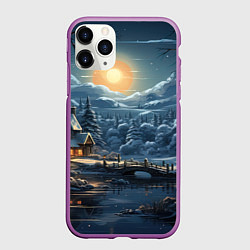 Чехол iPhone 11 Pro матовый Новогодние домики в лесу, цвет: 3D-фиолетовый