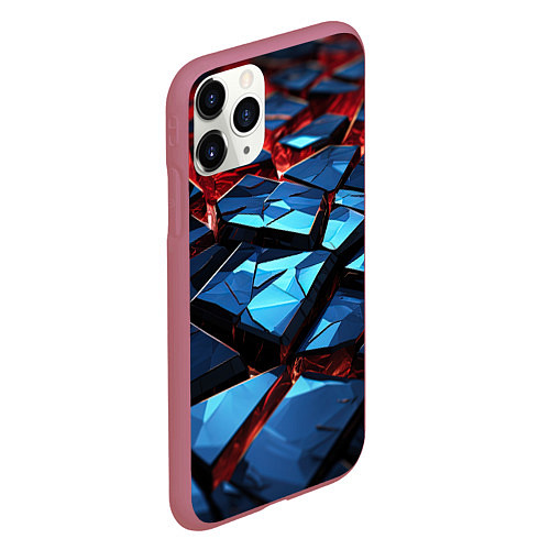 Чехол iPhone 11 Pro матовый Синие абстрактные плиты и красное свечение / 3D-Малиновый – фото 2