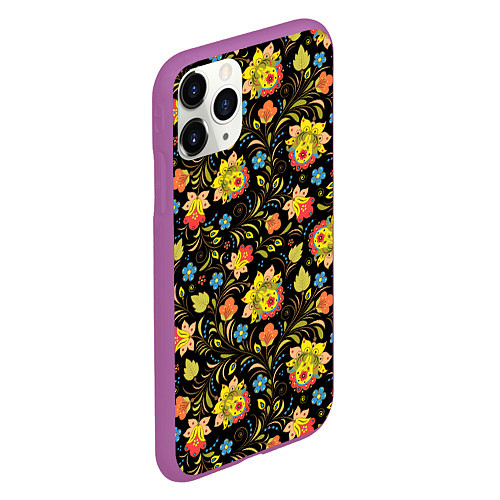 Чехол iPhone 11 Pro матовый Хохломская роспись разноцветные цветы / 3D-Фиолетовый – фото 2