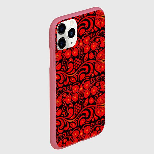 Чехол iPhone 11 Pro матовый Хохломская роспись красные цветы и ягоды на чёрном / 3D-Малиновый – фото 2