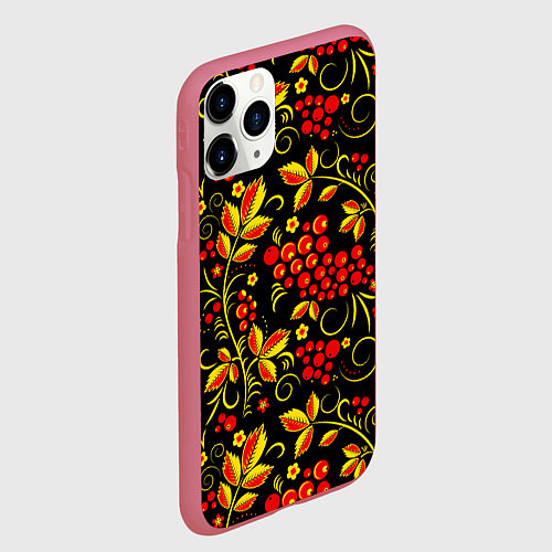 Чехол iPhone 11 Pro матовый Хохломская роспись золотистые листья чёрном фоне / 3D-Малиновый – фото 2