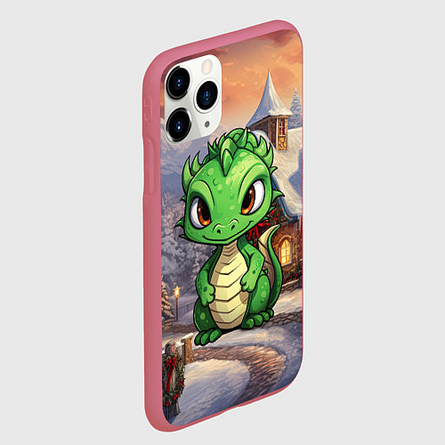 Чехол iPhone 11 Pro матовый Дракон и новогодний город / 3D-Малиновый – фото 2