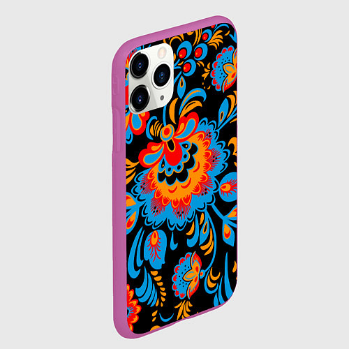 Чехол iPhone 11 Pro матовый Хохломская роспись разноцветные цветы на чёроном ф / 3D-Фиолетовый – фото 2