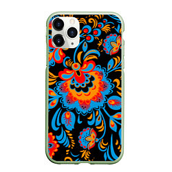 Чехол iPhone 11 Pro матовый Хохломская роспись разноцветные цветы на чёроном ф