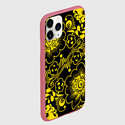 Чехол iPhone 11 Pro матовый Хохломская роспись золотые цветы на чёроном фоне, цвет: 3D-малиновый — фото 2