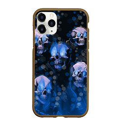 Чехол iPhone 11 Pro матовый Синие черепа на чёрном фоне, цвет: 3D-коричневый