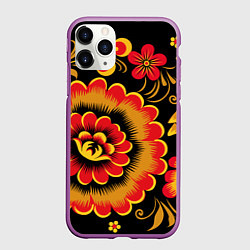 Чехол iPhone 11 Pro матовый Хохломская роспись красно-жёлтые цветы на чёрном ф, цвет: 3D-фиолетовый