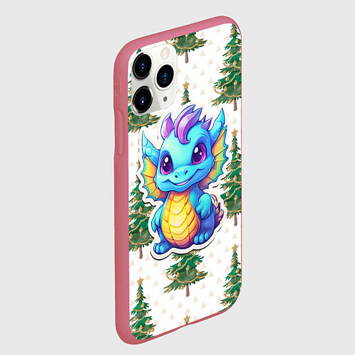 Чехол iPhone 11 Pro матовый Маленький синий дракон на фоне елочек / 3D-Малиновый – фото 2