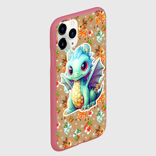 Чехол iPhone 11 Pro матовый Маленький синий дракон на фоне оленей / 3D-Малиновый – фото 2
