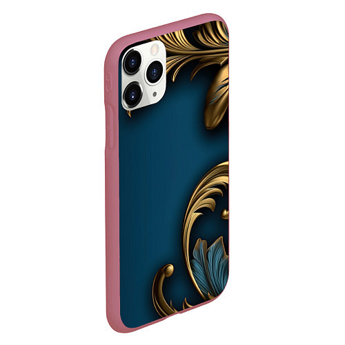 Чехол iPhone 11 Pro матовый Золотые узоры на синем фоне / 3D-Малиновый – фото 2