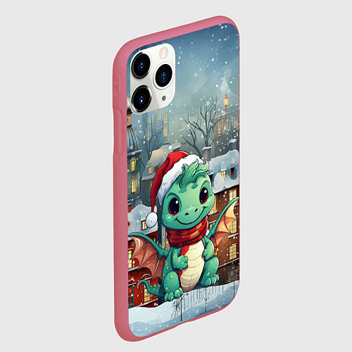 Чехол iPhone 11 Pro матовый Милый маленький дракон новогодний на фоне домов / 3D-Малиновый – фото 2