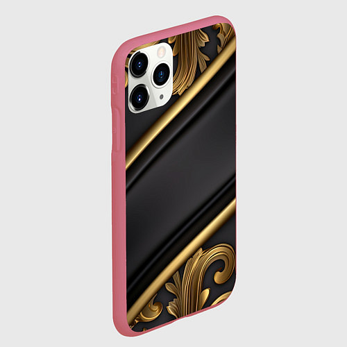 Чехол iPhone 11 Pro матовый Лепнина объемные узоры золотые / 3D-Малиновый – фото 2