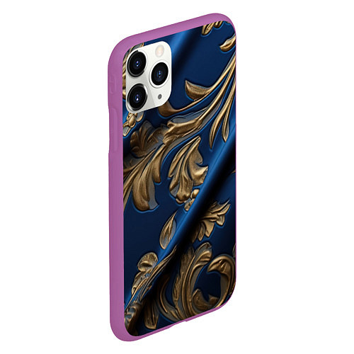 Чехол iPhone 11 Pro матовый Лепнина узоры золотистые на синем фоне / 3D-Фиолетовый – фото 2