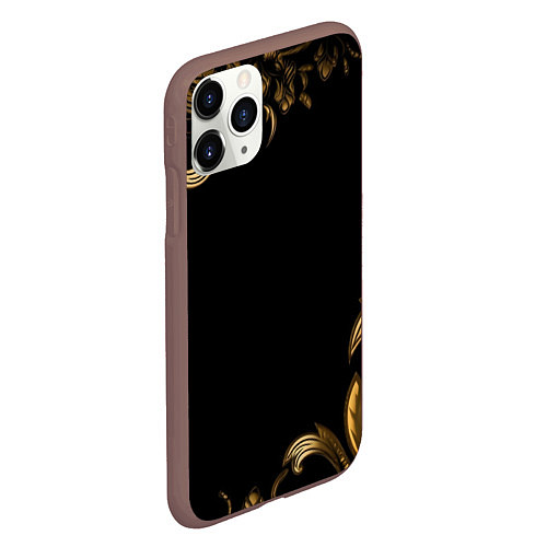 Чехол iPhone 11 Pro матовый Объемные узоры на черной ткани лепнина / 3D-Коричневый – фото 2