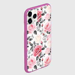 Чехол iPhone 11 Pro матовый Розовые розы и серые листочки - паттерн, цвет: 3D-фиолетовый — фото 2
