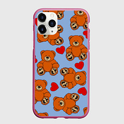 Чехол iPhone 11 Pro матовый Мишки и сердца на голубом фоне, цвет: 3D-малиновый
