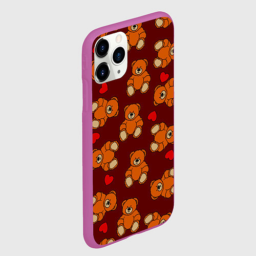 Чехол iPhone 11 Pro матовый Игрушечные влюбленные мишки и сердца / 3D-Фиолетовый – фото 2