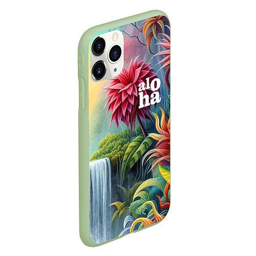 Чехол iPhone 11 Pro матовый Гавайские тропические цветы - алоха / 3D-Салатовый – фото 2