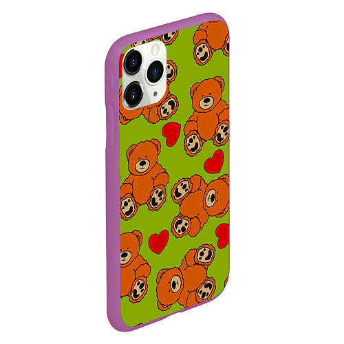Чехол iPhone 11 Pro матовый Плюшевые мишки и сердечки / 3D-Фиолетовый – фото 2