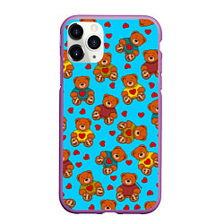 Чехол iPhone 11 Pro матовый Мишки в цветных свитерах и сердечки, цвет: 3D-фиолетовый