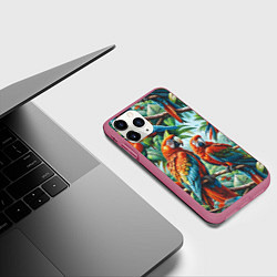 Чехол iPhone 11 Pro матовый Попугаи Ара - тропики джунгли, цвет: 3D-малиновый — фото 2