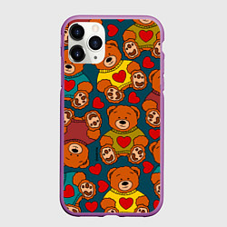 Чехол iPhone 11 Pro матовый Мишки игрушки в цветных свитерах и сердечки, цвет: 3D-фиолетовый