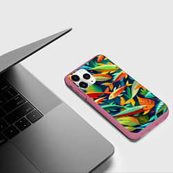 Чехол iPhone 11 Pro матовый Стая пестрых рыбок паттерн, цвет: 3D-малиновый — фото 2