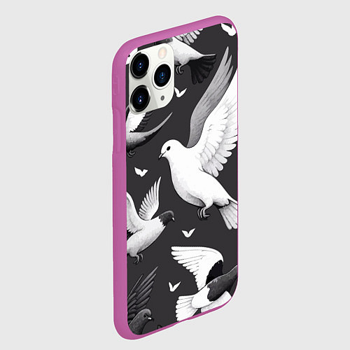 Чехол iPhone 11 Pro матовый Белые сизые голуби летящие в небе / 3D-Фиолетовый – фото 2