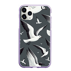 Чехол iPhone 11 Pro матовый Белый силуэт Чайки на сером - морской паттерн, цвет: 3D-светло-сиреневый