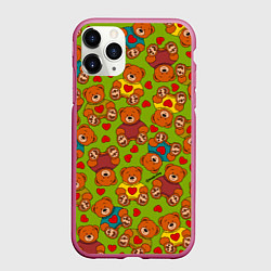 Чехол iPhone 11 Pro матовый Маленькие мишки и сердечки, цвет: 3D-малиновый