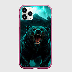 Чехол iPhone 11 Pro матовый Царь тайги - медведь молнии, цвет: 3D-малиновый