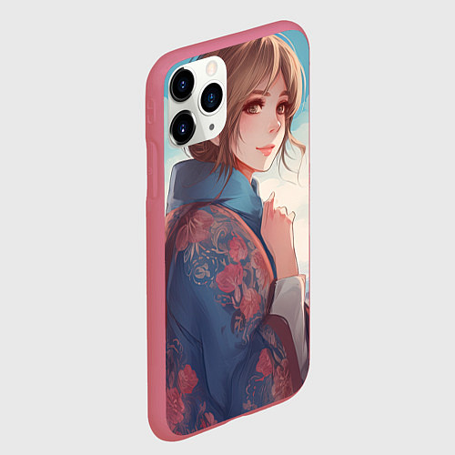 Чехол iPhone 11 Pro матовый Русская девушка на фоне Москвы / 3D-Малиновый – фото 2