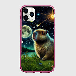 Чехол iPhone 11 Pro матовый Капибара прогулки в полнолуние, цвет: 3D-малиновый