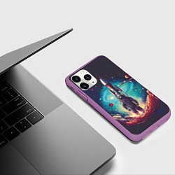 Чехол iPhone 11 Pro матовый Космонавт и ракета в космосе, цвет: 3D-фиолетовый — фото 2