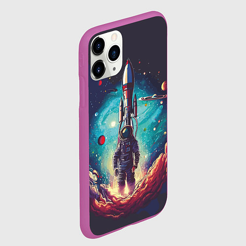 Чехол iPhone 11 Pro матовый Космонавт и ракета в космосе / 3D-Фиолетовый – фото 2