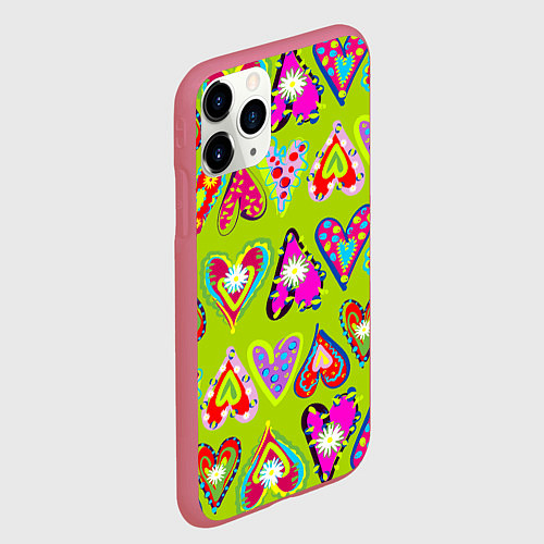 Чехол iPhone 11 Pro матовый Разноцветные сердца в мексиканском стиле / 3D-Малиновый – фото 2