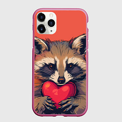 Чехол iPhone 11 Pro матовый Влюбленный енот сжимает лапками сердце, цвет: 3D-малиновый