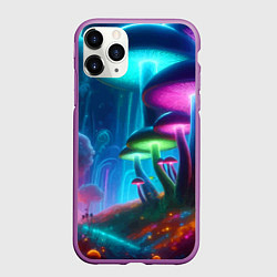Чехол iPhone 11 Pro матовый Планета цветных неоновых грибов, цвет: 3D-фиолетовый