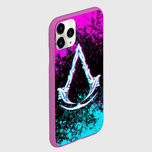 Чехол iPhone 11 Pro матовый Ассасин крид мираж- неоновые брызги / 3D-Фиолетовый – фото 2
