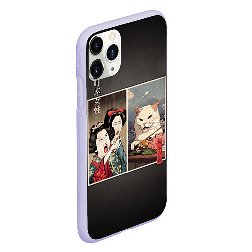 Чехол iPhone 11 Pro матовый Кот - мем в японской стилистике / 3D-Светло-сиреневый – фото 2