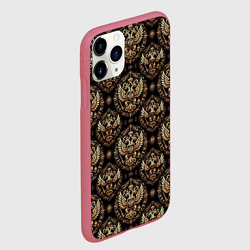 Чехол iPhone 11 Pro матовый Золотой герб России паттерн / 3D-Малиновый – фото 2