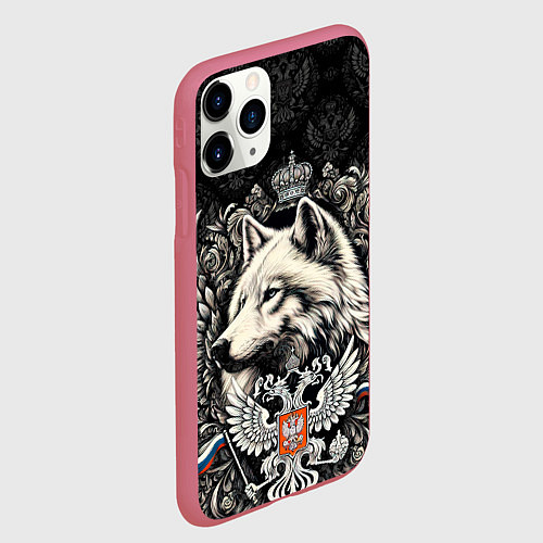 Чехол iPhone 11 Pro матовый Русский волк и герб России / 3D-Малиновый – фото 2