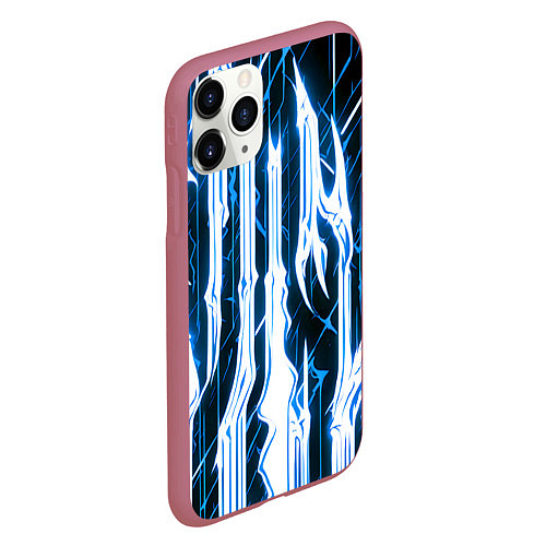 Чехол iPhone 11 Pro матовый Синие неоновые полосы на чёрном фоне / 3D-Малиновый – фото 2