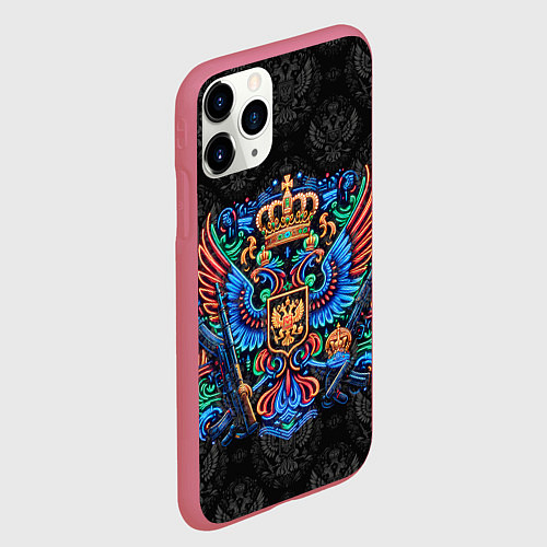 Чехол iPhone 11 Pro матовый Герб России неоновый стиль / 3D-Малиновый – фото 2